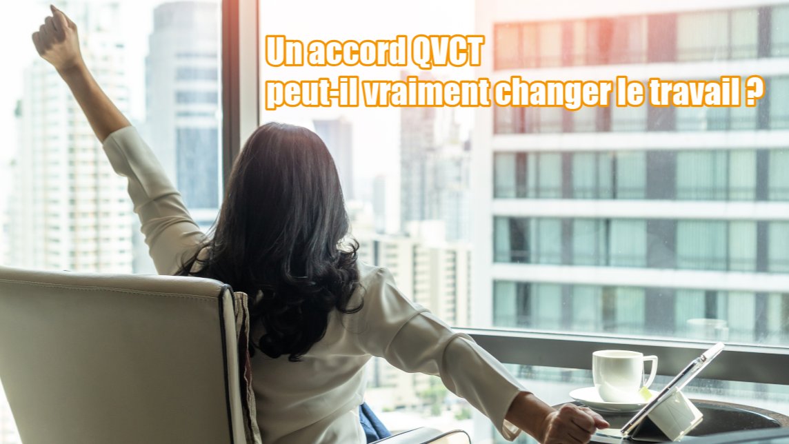 Femme qui s'étire devant la fenêtre de son bureau — illustration de l'accord QVCT